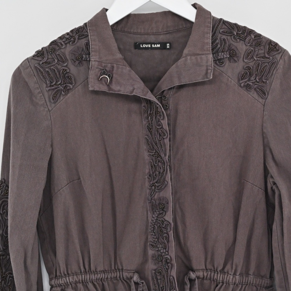 Anthropologie Love Sam Travis Jacket Womens Size XS Military Brown Embellished - Picture 10 of 14